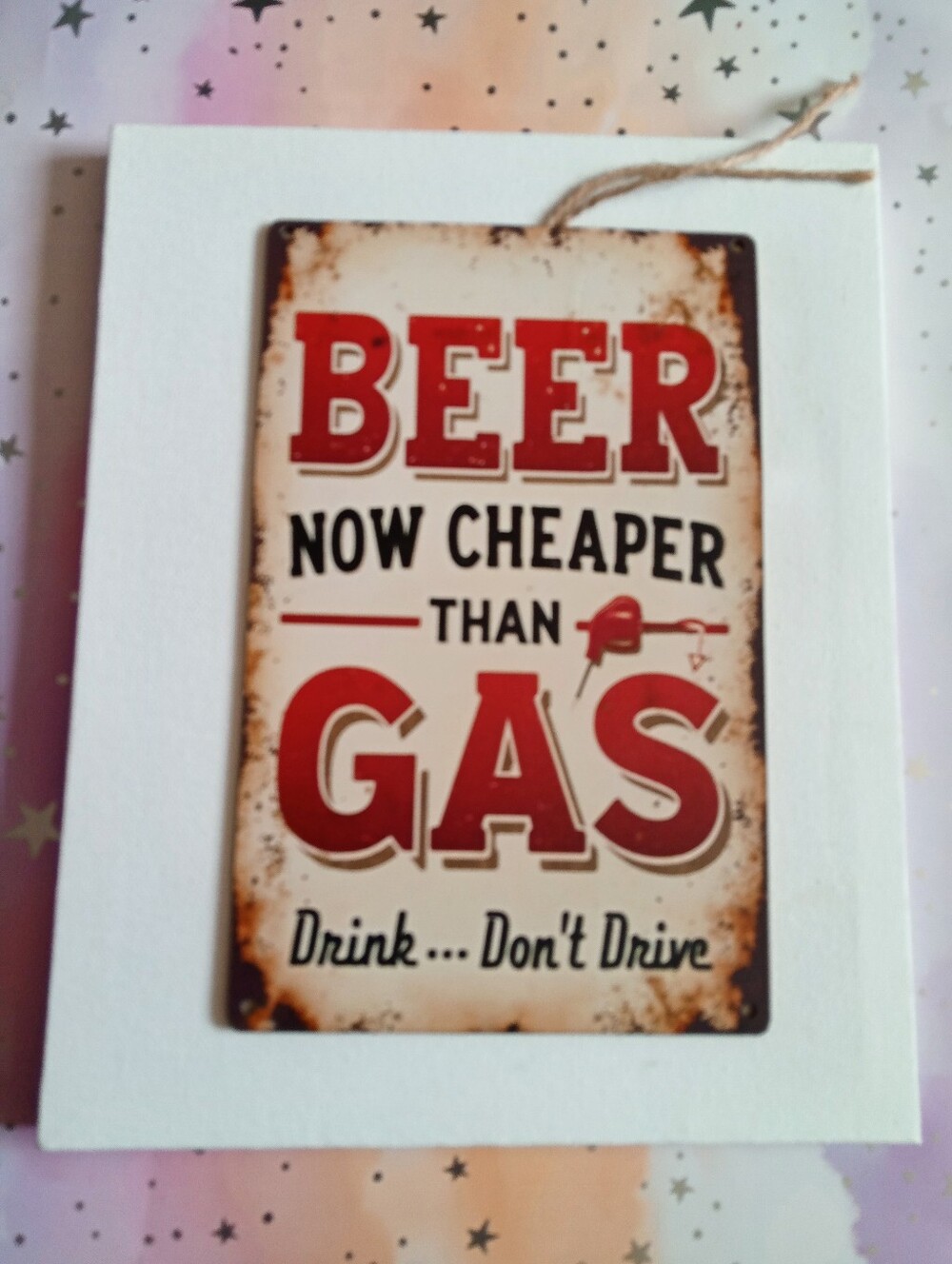 Rustic 'Beer Now Cheaper Than Gas' Wall Sign - White Frame, Red Accents